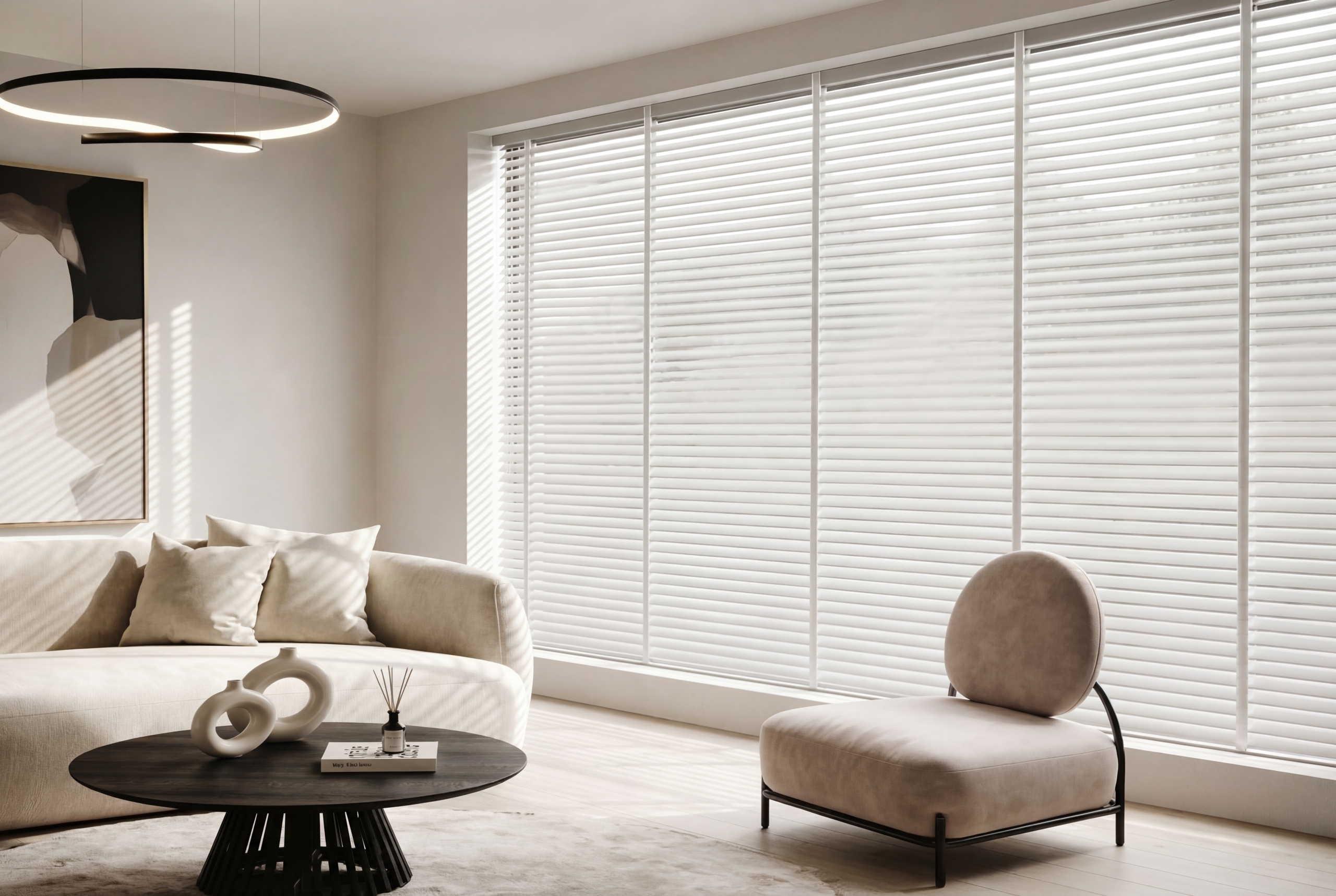 Custom blinds installed in a modern living room